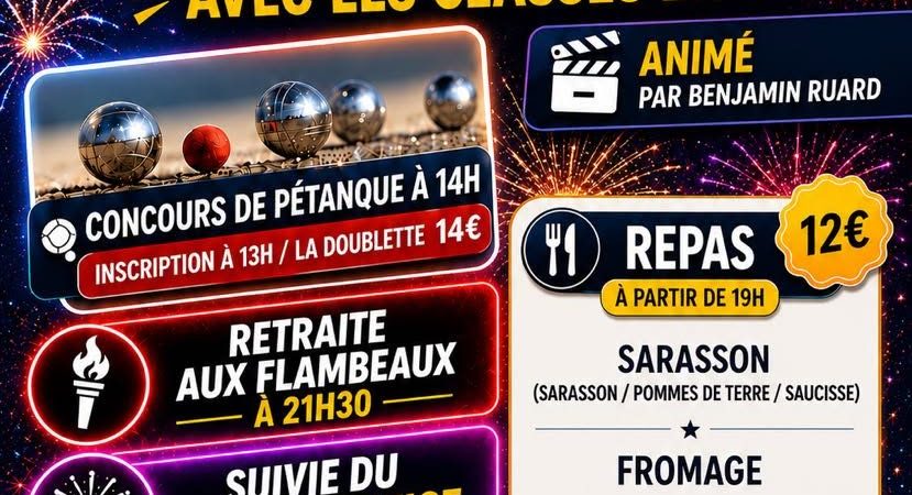 Pétanque, retraite aux flambeaux, feu d&rsquo;artifice et soirée musicale